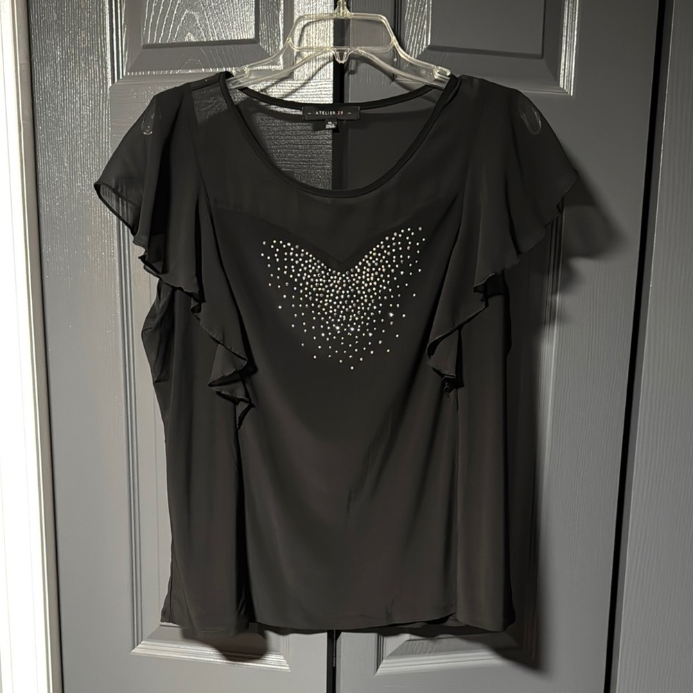 Black Ruffled Blouse with Embellished Heart Design